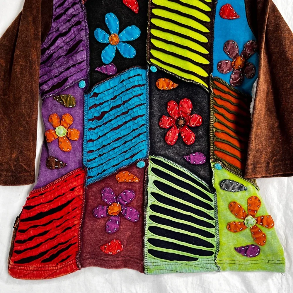 Rising International Hippie Boho Patchwork Shirt Women Medium Embroidered Flower - Picture 3 of 16
